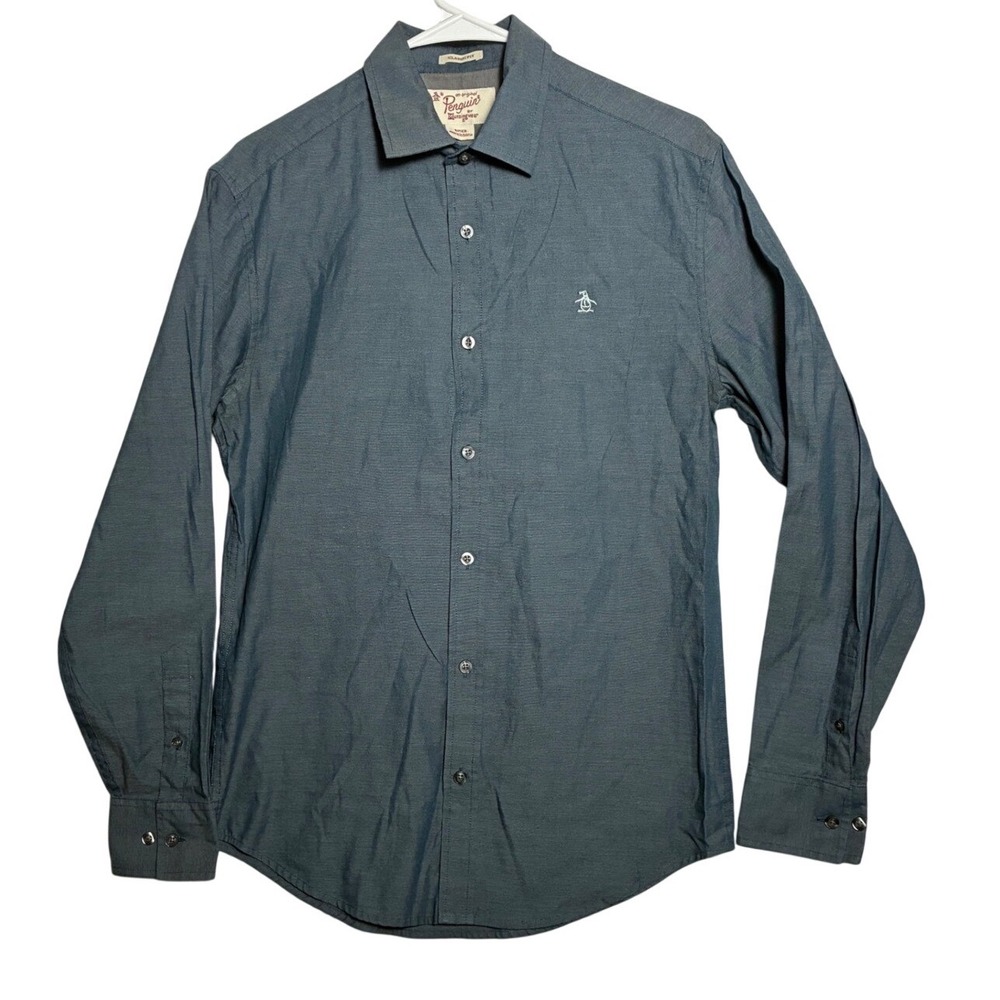 Original Penguin Mens Small Blue Long Sleeve Button Down Shirt Classic Fit Logo